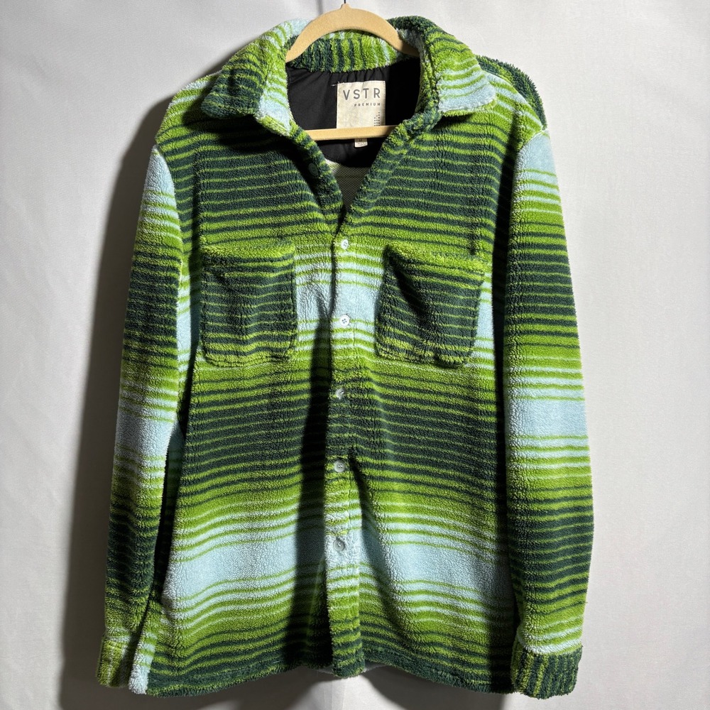 VSTR Mens Green Blue Striped‎ Fuzzy Shacket Shirt Jacket Retro Skate Surf M